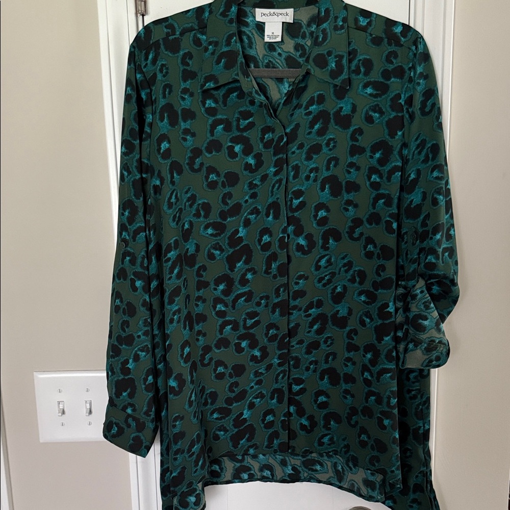 Green and Black Leopard Print Button Down Shirt